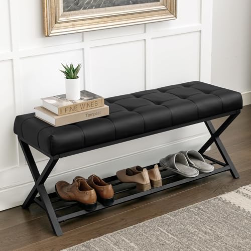 LUE BONA 44.5” End of Bed Bench with Shelf, Linen Tufted Upholstered Storage Shoe Bench, Modern Bedroom Bench with Metal Legs for Living Room, Entryway, Dining Room, 300 LB, Black