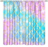 Mermaid Curtains for Girls,Cartoon Colorful Stars Underwater Mermaid Magic Princess Window Treatments Print for Kids Nursery Baby Bedroom Living Room 42x45in