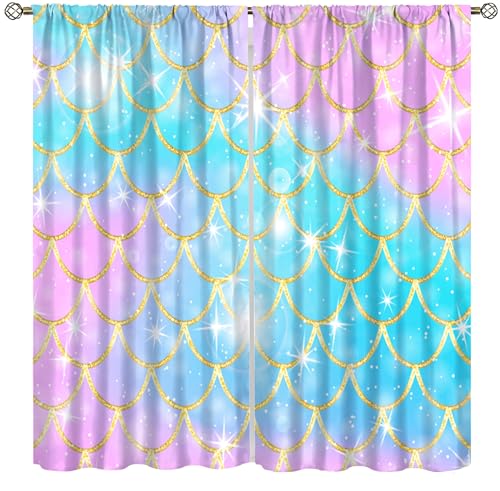Mermaid Blackout Curtains for Girls,Cartoon Colorful Stars Underwater Mermaid Magic Princess Window Treatments Print for Kids Nursery Baby Bedroom Living Room 84x84in