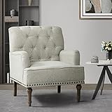 HULALA HOME Silla Decorativa Moderna con Patas de Madera Retro Cómodo sillón tapizado con capitoné de Botones y Ribete de Cabeza de Clavo para Sala de Estar, Dormitorio, Gris y Blanco