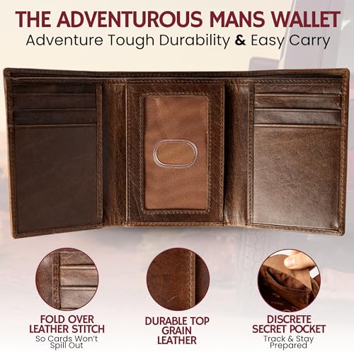 Image of BULL GUARD RFID Genuine Leather Trifold Wallets for Men ID Window, Secret Pocket, With NO Logo - Wilderness Brown, 3.25 x 4.25, Classic