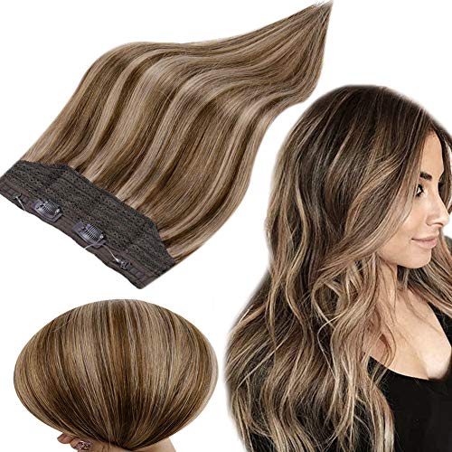 Runature Crown Hair Extensions Color 3P12 Darker Brown with Light Golden Brown 14 Inch Remy Human Hair Extensions 70g Secret Extensions with Clips