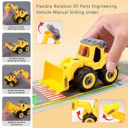 Image of Zest 4 Toyz Construction Truck Toy for Kids Set of 4 Take Apart Vehicles with Screwdriver DIY Building Playset Toy for 3 4 5 6 Years Old Boys Girls (Yellow)