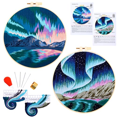 Image of Aurora Borealis Embroidery Starter Kits for Beginners Adults, Stamped Cross Stitch Kit for Adult Beginner, Hand Embroidery Needlepoint Kit, 2 Set Embroidery Supplies, 2 Hoops (Attached Video Tutorial)