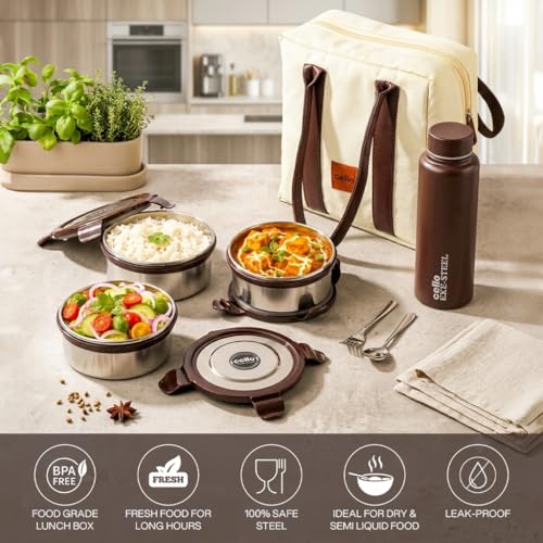 Image of CELLO Urban Bite Lunch Box with Bag for Office Use, White Brown | 3 x 400ml Stainless Steel Containers, 800ml Water Bottle with Fork & Spoon, Leak Proof Airtight Clip Steel Tiffin Box Set for Travel