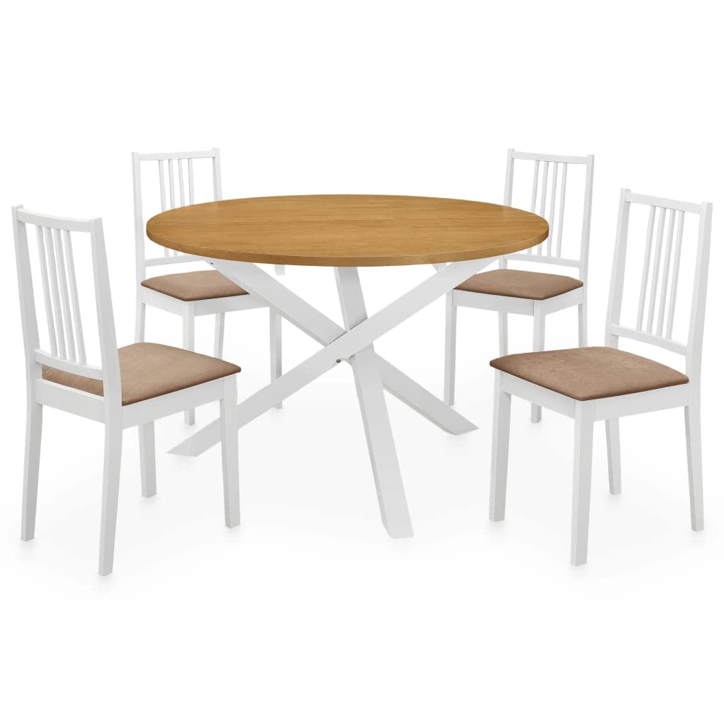5-częściowy zestaw do jadalni z płyty MDF i drewna gumowego, biało-brązowy, stół do jadalni 120 x 75 cm plus 4 krzesła kremowe, do jadalni, kuchni, rodziny, dla gości, komfort siedzenia