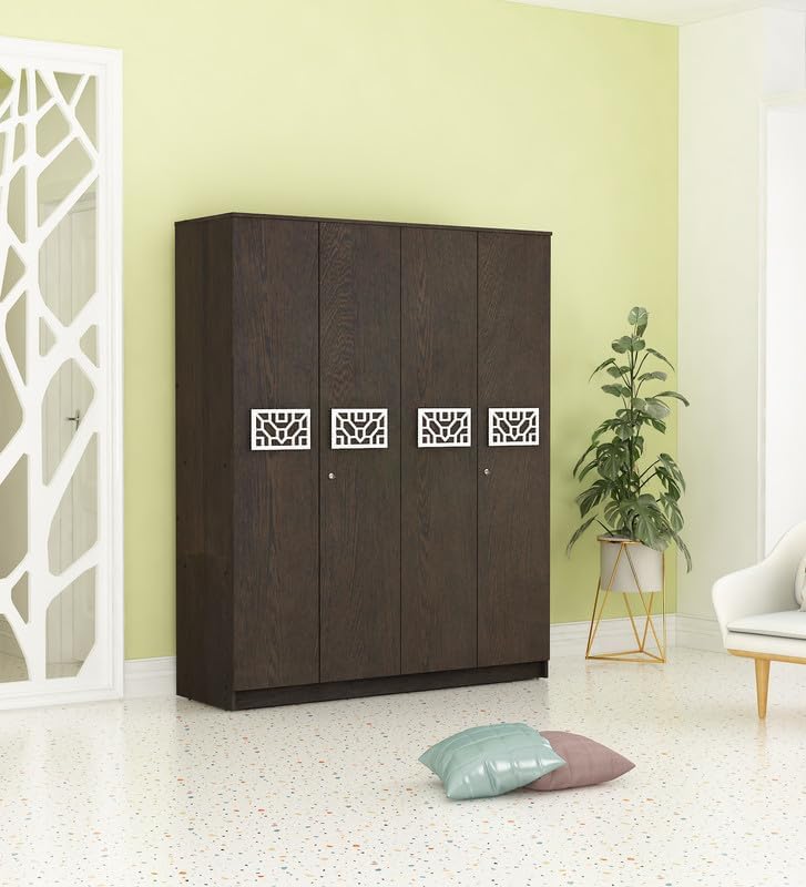 Image of Castle Multipurpose 4-Door Wardrobe | Engineered Wood | Spacious Closet Storage | Dark Wenge Finish | Sturdy & Durable | Easy Knock-Down Assembly