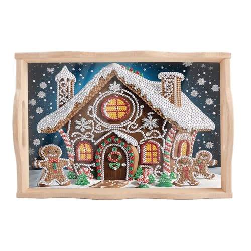 Image of Christmas DIY Diamond Art Tray with Handle Special Shaped Diamond Art Plate Creative Design Handmade Wooden Tray Mosaic Making Kits by Number Kits DIY Crafts Gift for Xmas Organizer (Christmas House)