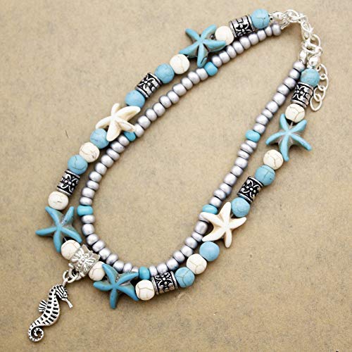 Image of Softones Blue Starfish Turtle Anklet Multilayer Charm Beads Sea Handmade Boho Anklet Foot Jewelry for Women