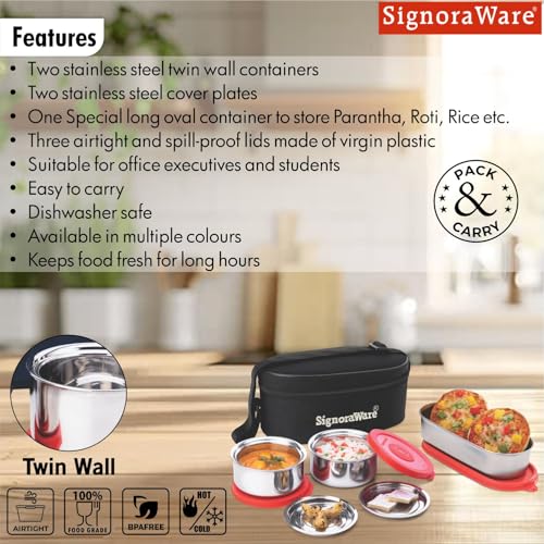 Image of Signoraware Double Decker Stainless Steel Lunch Box | Airtight & Leakproof | Ideal for Office & School Meals | Great for Travelling & Outdoors (260ml + 260ml + 650ml | Red)