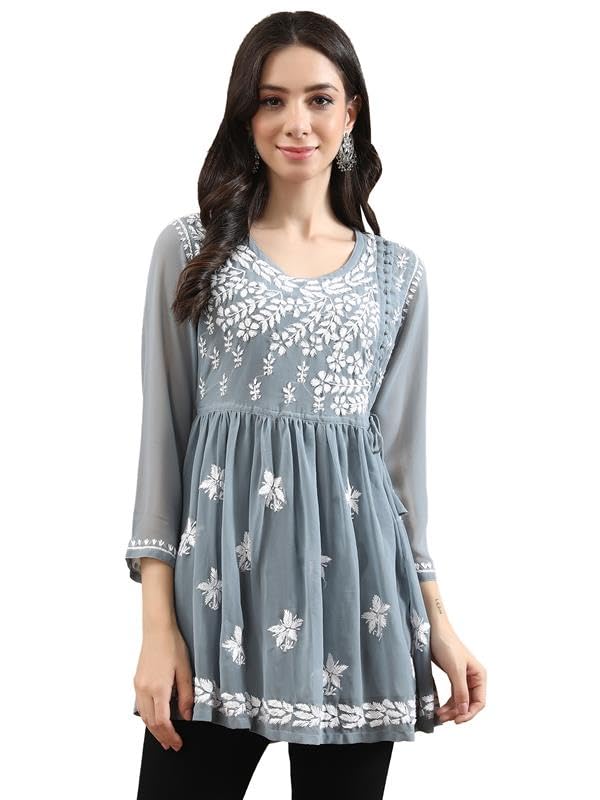 Image of Seva Chikan Hand Embroidered Lucknowi Chikankari Angarkha Georgette Top with Slip for Women SCL4041