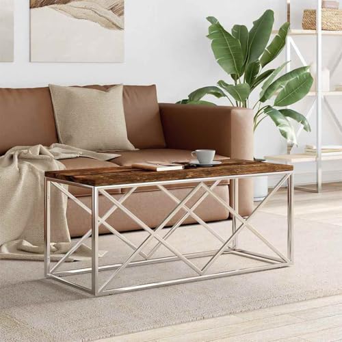 Table basse bois de récupération massif acier inoxydable table de salon industrielle - 3