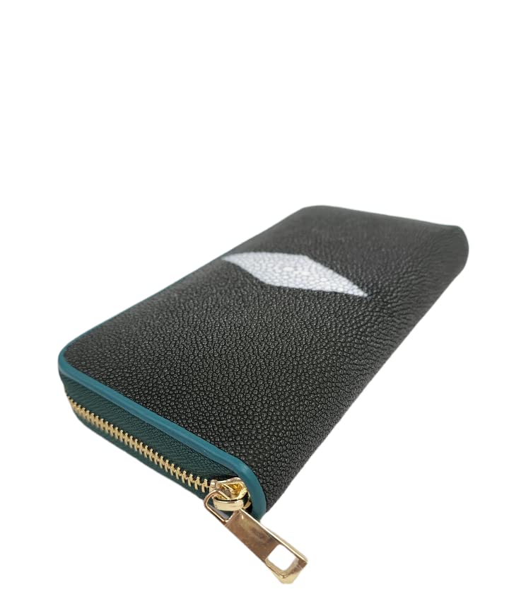 Genuine Stingray Skin Leather Long Wallet, Women's Zip Wallet with 2 Large Compartments, 1 Zip Pocket and 16 Card Slots