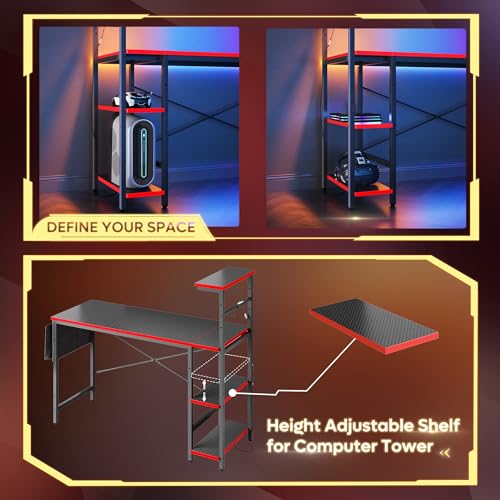 Image of Bestier Gaming Desk with LED Lights, 51.3 Inch Computer Desk with 4 Tiers Reversible Shelves, Gamer Desk with Side Storage Bag, Hooks and Height Adjustable Shelf (Black Carbon Fiber)