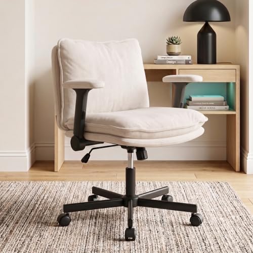Image of DROGO Zen Pro Criss Cross Legged Office Chair for Work from Home with Flip-Up Armrest & Wide Thick Cushion Seat | Computer Study Chair with Adjustable Height, Recline & Heavy Duty Metal Base (Beige)