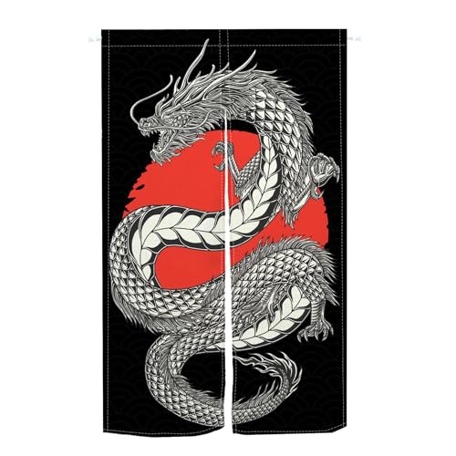 Qinunipoto 暖簾 龍と赤い太陽 黒柄 ドラゴン柄 シンプル風 幅72cm丈120cm インテリア 出入り口 目隠し おしゃれ すだれ 遮光 部屋 間仕切りカーテン 門カーテン ポリエステル製 オーダー可 簡単取付 四季兼用
