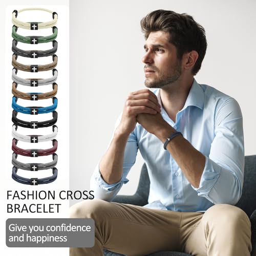 Image of Landical 12 Pcs Braided Cross Bracelet for Men Women Christian Adjustable Rope Jesus Bracelets with Metal Knot Christian Baptism Gifts