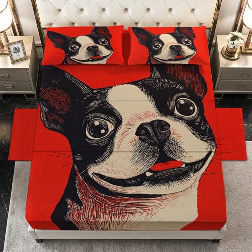 Boston Terrier Sheets Twin XL Size - Cute Dog Pet Bed Sheet Set - Deep Pocket Soft Microfiber Bedding Set 3 Piece - Fitted Flat Sheet Pillowcase - Dog Bedroom Decor & Gifts