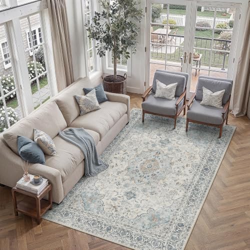 5x7 Washable Area Rug Navy Blue Non Slip Vintage Carpet