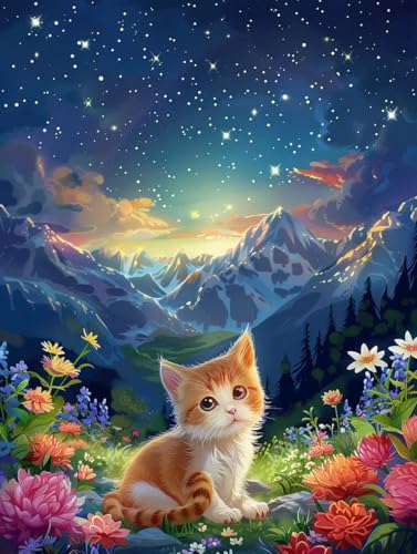 Diamond painting adulte montagne et chat | Grand kit complet de broderie diamant 90x120cm
