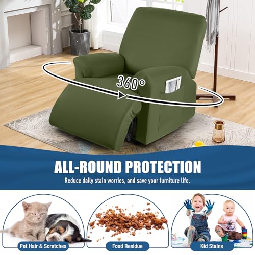 Image of TAOCOCO Stretch Recliner Chair Covers 3-Pieces Solid Furniture Covers Recliner Cover for Reclining Chair Slipcovers Feature Fitted Soft Washable Recliner Sofa Covers (1 Seat, Olive Green)