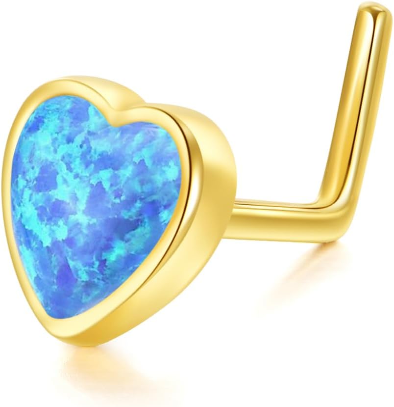 14K Real Solid Gold Nose Stud for Women, Heart Created Moonstone/Opal Nose Stud Rings in 20 Gauge (0.8mm) Fine Piercing Jewelry Gifts for Mother Grandma Wife Her