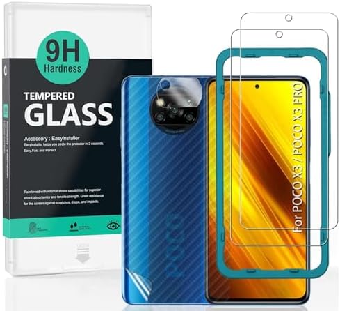 Ibywind Screen Protector For Xiaomi Poco X3/X3 Pro,with 2Pcs Tempered Glass,1Pc Camera Lens Protector,1Pc Backing Carbon Fiber Film [Fingerprint Reader,Easy to install]
