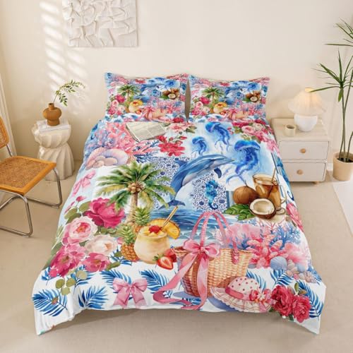 Homemissing Coastal Romantic Parure de Lit Dauphin Océan Bow Ensemble de Literie pour garçons Filles Plage été Housse de Couette 140x200cm 2pièces Chambre...