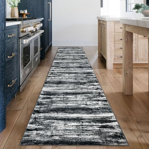 KOZYFLY Modern Abstract Kitchen Runner Rug, 2x12 Washable Rug Runner Non-Slip Soft Striped Hallway Runner Rugs, Black Navy Blue Grey Carpet Runner for Entryway Bathroom Laundry Room Foyer