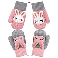 Smilcloud 2 Pairs Kids Knitted Gloves Plush Lining Mittens Winter Warm Mittens Full Finger Gloves with String for 1-3 Years Old Boys Girls