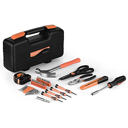 Flexzion Handwerkzeug Set & Zubehör für allgemeine Heimwerker Hausbesitzer Reparaturen im Haushalt mit Kunststoff Werkzeugkasten Aufbewahrungs Organizer Koffer – Orange & Schwarz