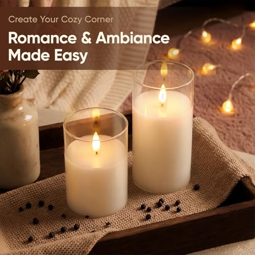Image of Amagic 3 inchx4 inch6 inch Clear Glass Flameless Candles Battery Operated with Timer, Remote Control, LED Pillar Candles, Battery Powered, Valentine's Day Decor, Pure White Wax, Set of 2
