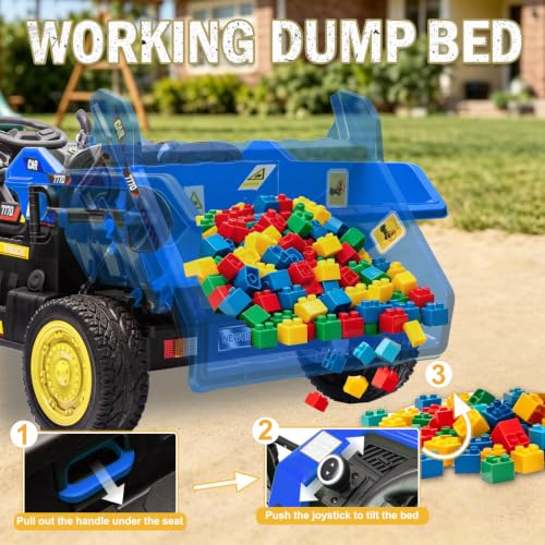 Image of NEWQIDA 24V Ride on Dump Truck, 2 Seater Ride on Toys for Kids 3-6, Blue
