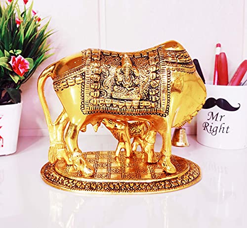 Image of KridayKraft Kamdhenu Cow,Calf with Bal Gopal Krishna Metal Statue for Good Luck,Feng Shui As Table Top Figurine,Vastu,Religious Gau MATA Idol