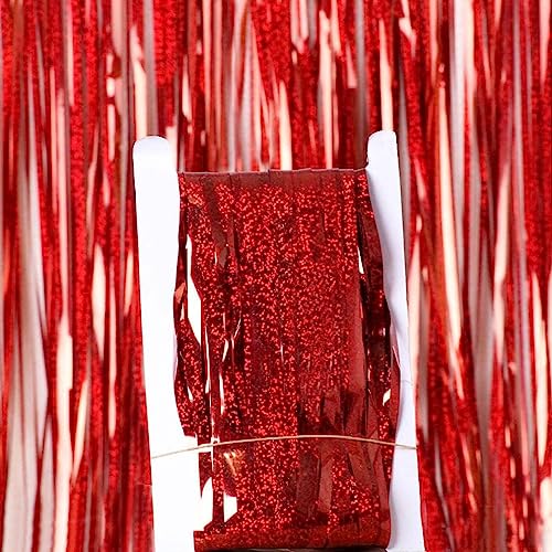 Image of 4 Pack Red Tinsel Foil Fringe Curtains Backdrop, Slmeno Red Metallic Fringe Backdrop Curtains Glitter Party Streamers, for Birthday Valentines New Year Holiday Party Decorations