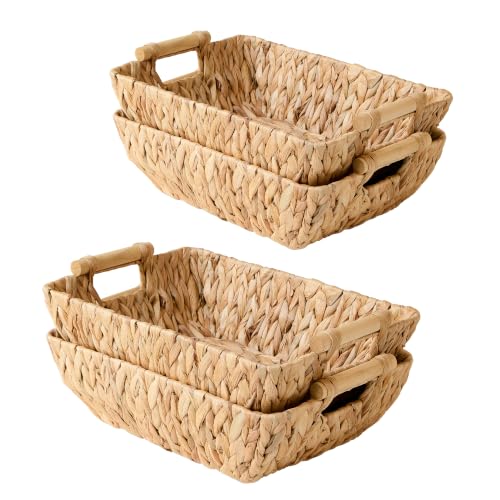 Small Wicker Basket 4 Pack, Water Hyacinth Storage Baskets with Wooden Handles for Organizing and Decor, Hand Woven Basket for Fruit, Snack, Gifts and Shelves, Natural
