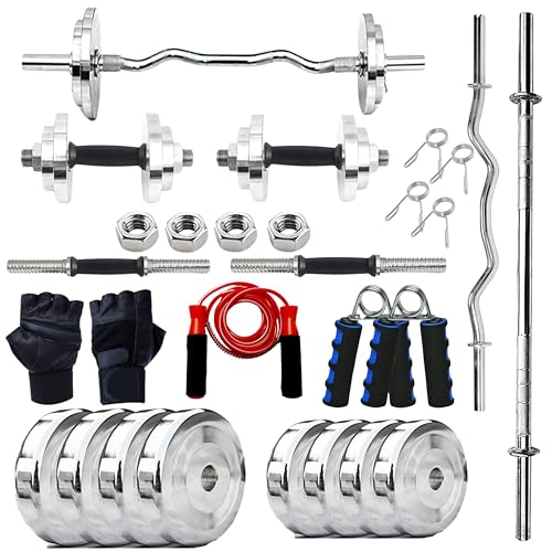 VAISHNAVI FITNESS Steel Home Gym Set Combo kit with 3Ft Curl, 5Ft Straight Rod Steel Weight Plates Combo, Gym Equipment for Workout Fitness Exercise Kit & Equipment Set (10kg-50Kg) (50)