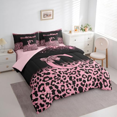 Image of Feelyou Girls Bow Comforter Set King Size 7 Pieces Glitter Leopard Print Bedding Set for Kids Boys Girls Initial Letter C Bed in a Bag with Comforter, Sheets, Pillowcases, Cushion Covers Bedroom Decor