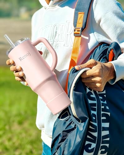 Image of Renoj Insulated Mug 100% Spill Resistant Insulated Water Bottle for Iced Coffee & Hot Drinks - Fits Car Cup Holder, Ideal Gift, 2 Straws & Silicone Boot - FlexSlide Light Pink 40 oz
