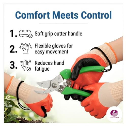 Image of Divayanshi Gardening Gloves & Plant Cutter Combo | Safety Gloves with Sharp Garden Cutter | Easy Grip, Durable Tools for Cutting, Weeding & Home Gardening