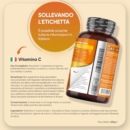 Vitamina C 1000mg Vegana con Rosa Canina, 180 Compresse per 6 Mesi (1 Sola al Giorno), Integratore Vitamina C (Acido Ascorbico) e Bioflavonoidi da Citrus Aurantium, Senza Magnesio Stearato e Glutine - Immagine 5