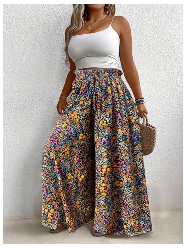 Women's Plus Size Floral Baggy Pants Boho Drawstring Wide Leg Flowy Vacation Palazzo Pants4