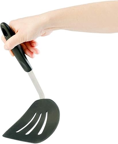 Espátula de silicona redonda flexible, volteador de cocción con aleta ancha, resistencia al calor de 600 F, color negro