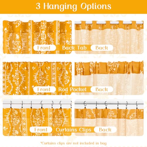 Image of Yinhua Boho Curtains for Living Room 63 Inch Length Vintage Linen Yellow Curtains for Bedroom Light Filtering Floral Window Curtain Rod Pocket & Back Tabs Farmhouse Rustic Tassel Drapes with Tiebacks