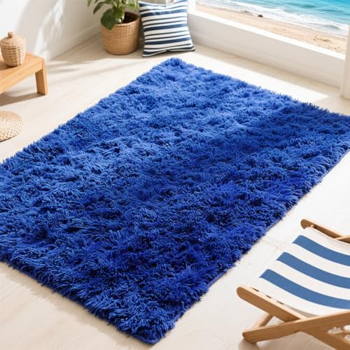 Small Bedside Rug, 3x5 Non Slip Fluffy Shaggy Entryway Throw Rugs for Bedroom Living Room, Indoor Floor Carpet for Kids Girls and Boys, Nursery Rooms Mat, Home Decor Aesthetic, Blue