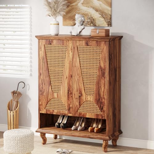 LITTLE TREE Rattan Shoe Cabinet for Entryway, 5-Tier Large Hidden Shoe Organizer Cabinet with Ventilated Doors, Modern 25-Pair Shoe Rack Closet Organizer Shoe Storage Cabinet for Bedroom