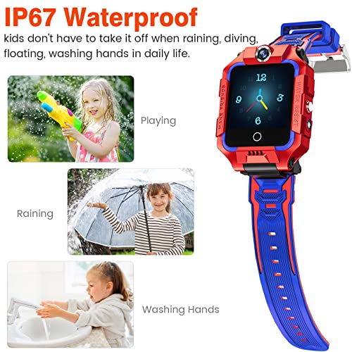 ele ELEOPTION 4G Smartwatch für Kinder, GPS Smartwatch mit 360° Dual-Kamera WiFi Video Telefonanruf SOS Schrittzähler IP67 Wasserdicht Smart Watch für Mädchen Jungen (Rot)