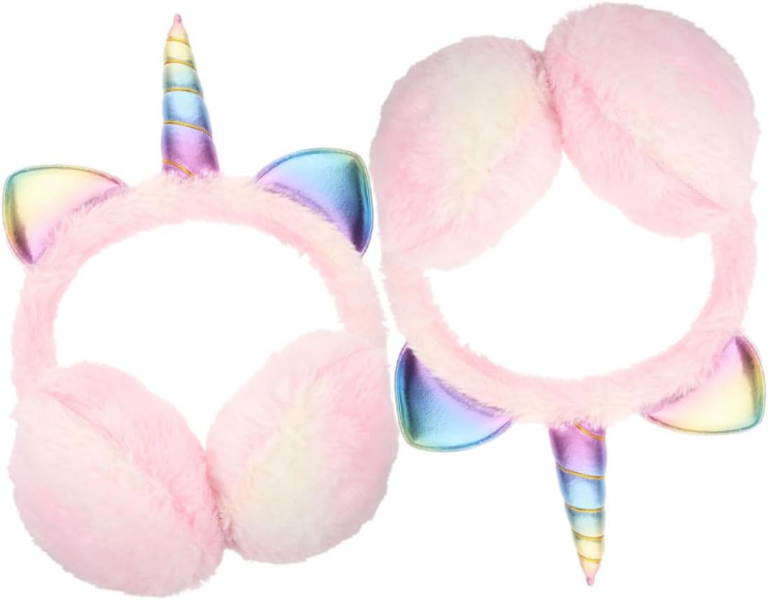 OSALADI Unfoldable Unicorn Earmuffs 2pcs Pink Plush Ear Warmers Winter Fuzzy Ear Muffs Women Outdoor Cold Weather Accessory