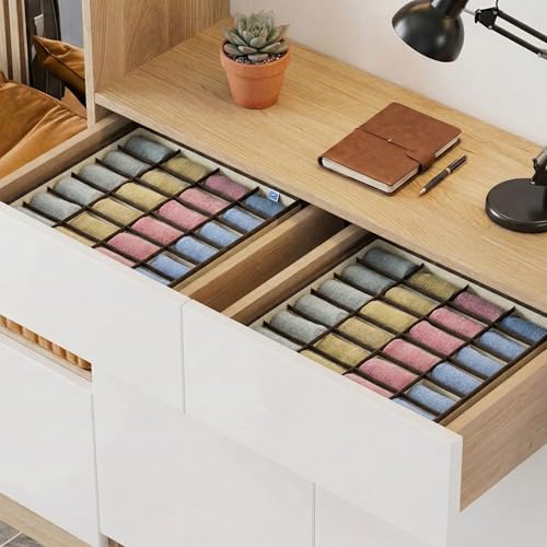 Image of Skrill 24-Compartment - Set of 2 | Non-Woven Foldable Cloth Storage Box Set Underwear, Socks, Ties, Scarves, Bras, Drawer Organization | Space Saving Divider Organizer Closet Storage | Beige