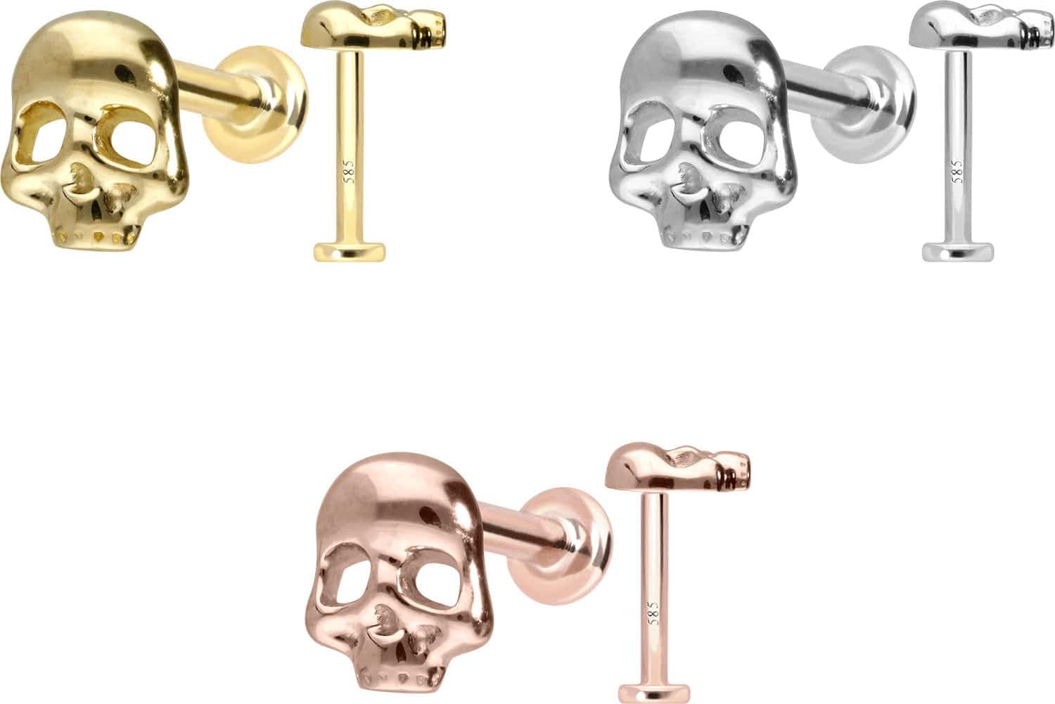 PIERCINGLINE Piercing Stecker 14 Gold Labret mit Push Fit TOTENKOPF 585er Gold - Roségoldfarben, Goldfarben, Silberfarben